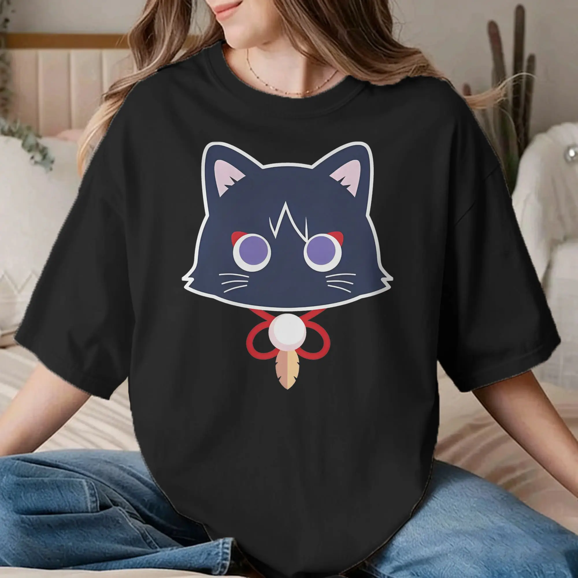 Фото Футболка Scarameow Wanderer Cat для мужчин и женщин, забавная футболка Genshin Impact из 100% хлопка, футболка с круглым вырезом, оригинальная одежда №1