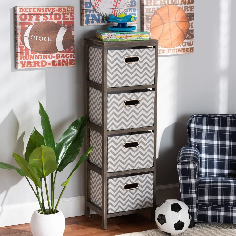 

BOUSSAC Jorah Modern and Contemporary Grey and White Fabric Upholstered Greywashed Wood 4-Basket Tallboy Storage Unit