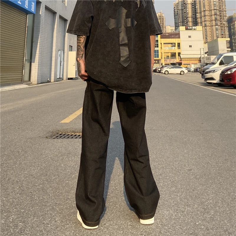 2022 New Fashion Rose Embroidery Black Baggy Jeans For Men Y2K Pants Straight Hip Hop Harajuku Denim Trousers Pantalones Hombre