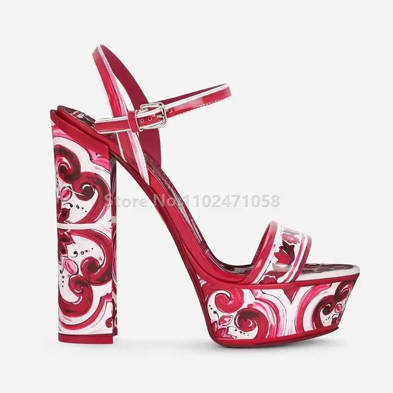 

Bohemian Totem Red Print Women 14Cm Hight Heel Sandals Fashion Peep Toe Chunky Platform Square Heels Shoes Summer Holiday Pumps