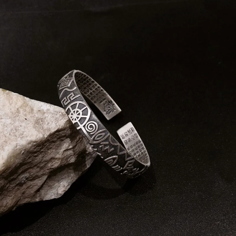 Bracelet for Women Vintage High Relief Characteristic National Rune Prajnaparamita Heart Sutra Sterling Silver Bracelet
