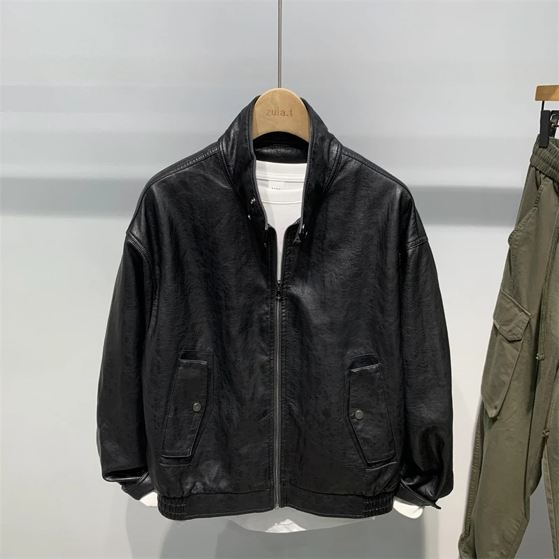 2024 осеннее мужское свободное пальто из искусственной кожи с воротником-стойкой