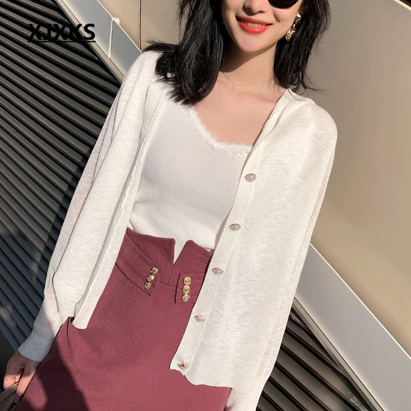 

XJXKS 2022 Spring Autumn New Fashion Hooded Single-breasted Cardigan Women's Thin Sweater Casual Summer Sunscreen