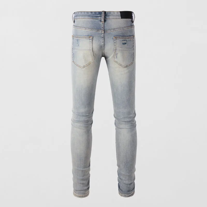 Street Fashion Men Jeans Retro Gray Blue Elastic Stretch Skinny Ripped Jeans Men Caramel Patched Designer Hip Hop Brand Pants
