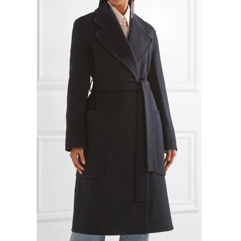 

Женское шерстяное пальто, классическое черное Свободное длинное пальто с поясом и карманами, повседневная верхняя одежда в стиле пэчворк, зима