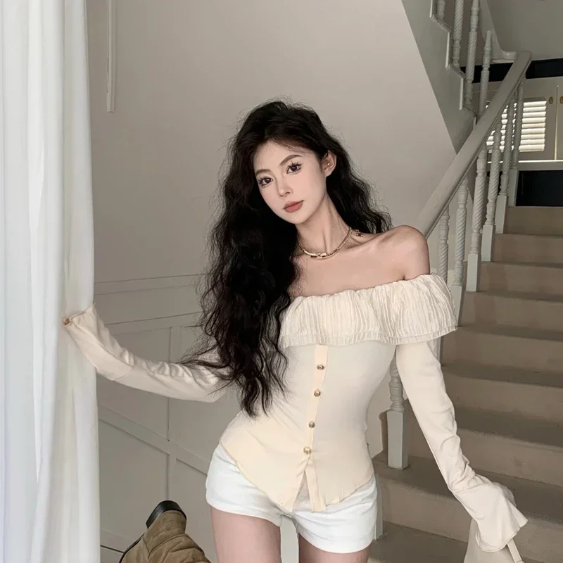 Черные милые женские футболки в Корейском стиле с открытыми плечами тюлевые