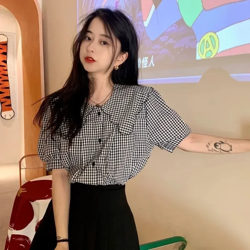 Рубашки женские с воротником Питера Пэна в клетку стиле ретро милые девушки