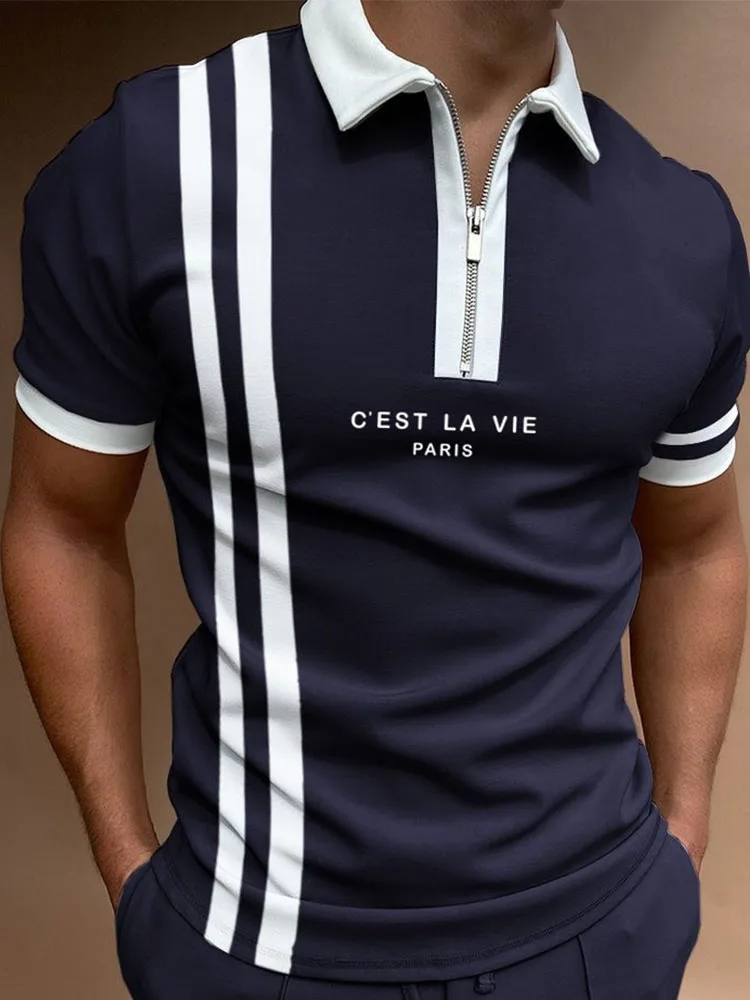 

Men's Striped Short-Sleeved Polo, Breathable T-Shirt, Tight-Fitting, Leisure,Business, Round Neck, Street Clothing, Summer