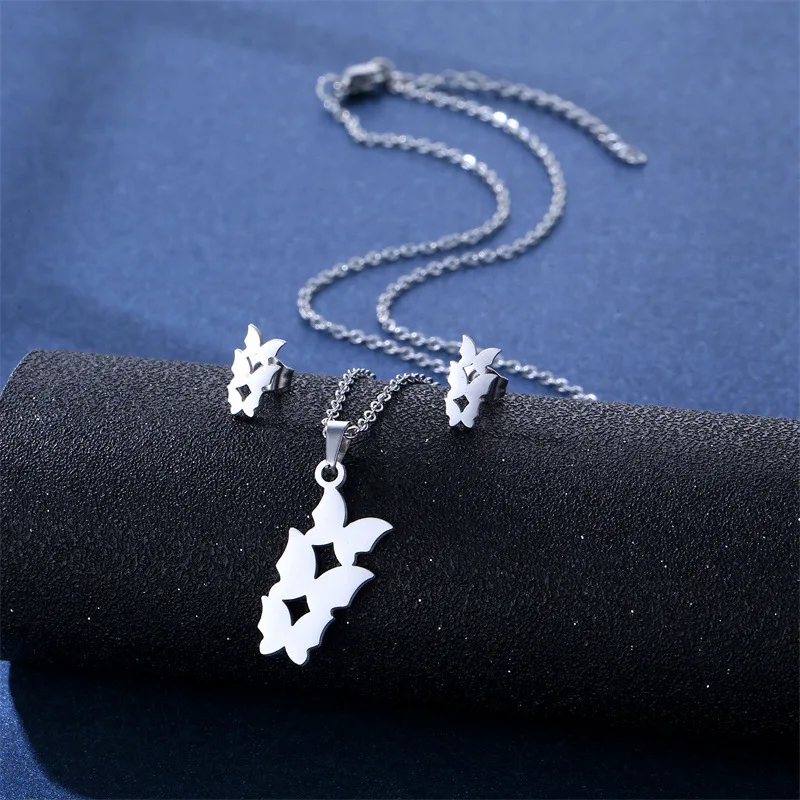 

Stainless Steel Silver Color Butterfly Pendant Chain Necklace Stud Earring for Women Party Birthday Fashion Jewelry Set Gift