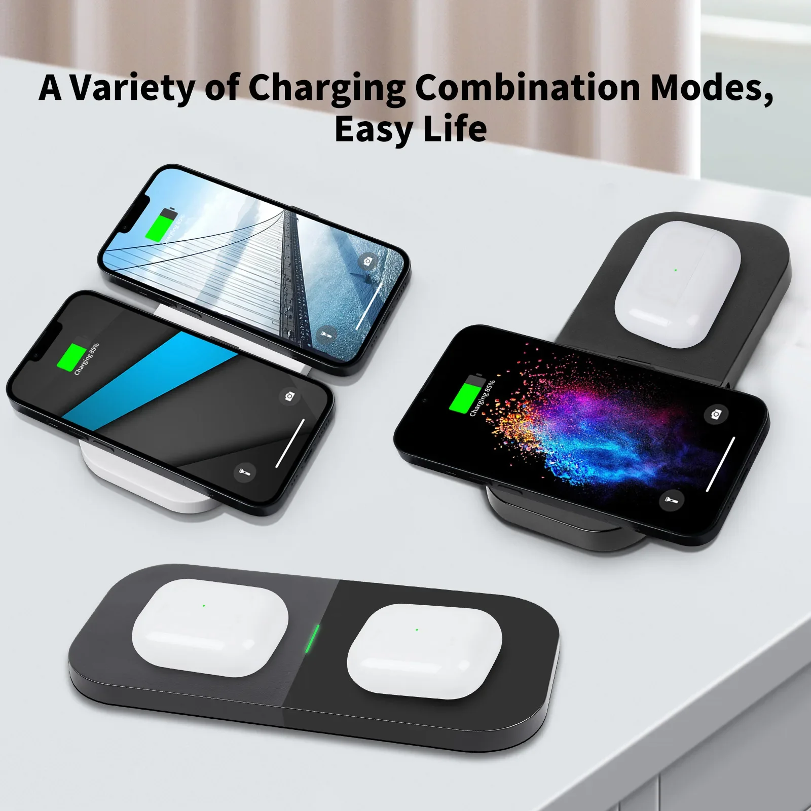 Фото Беспроводная зарядная панель 2-в-1, тонкая и портативная, для iPhone, AirPods и Apple Watch №4