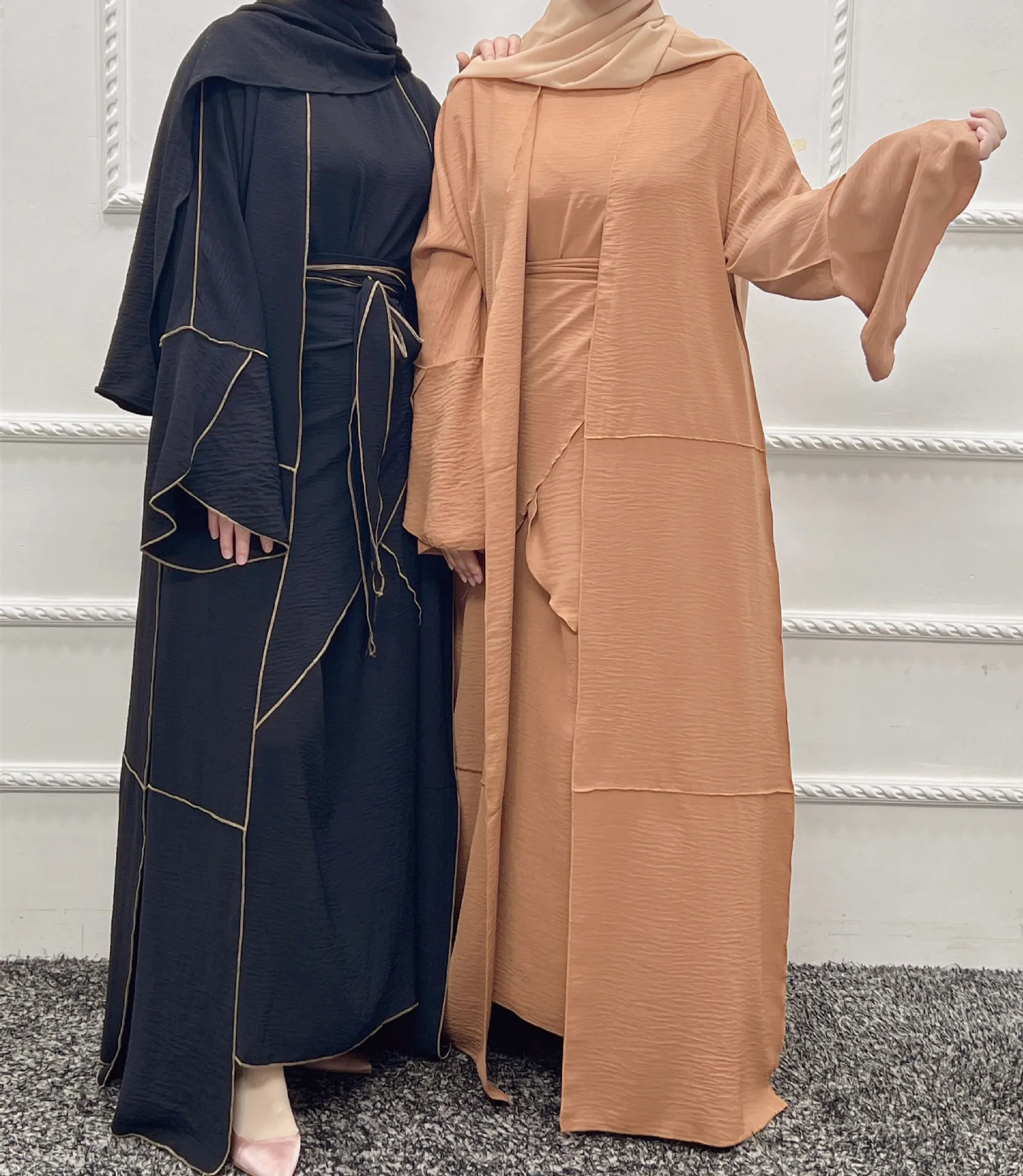 Eid 3 Piece Matching Muslim Sets Crinkle Abayas for Women Dubai Hijab Dress Open Abaya Kimono Wrap Front Maxi Skirt Islam Outfit
