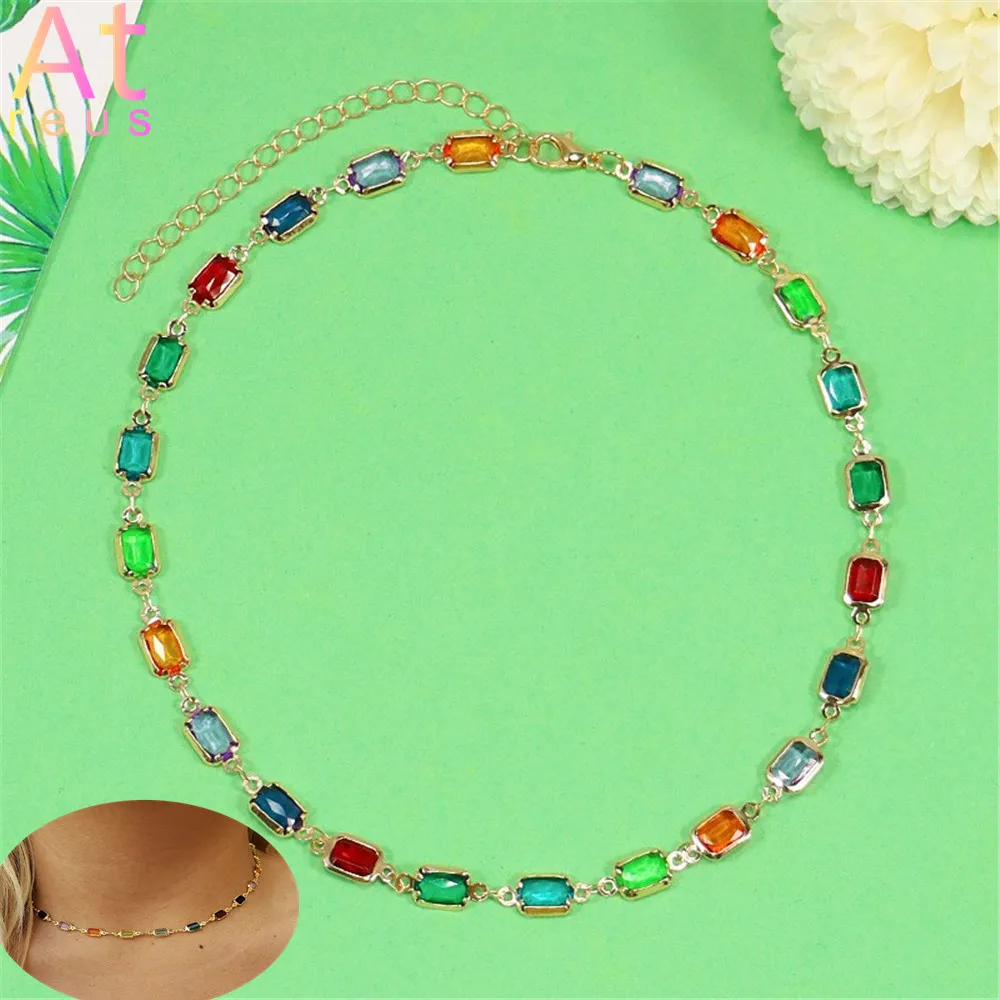 

Fashion Multicolor Crystal Necklace For Women Gold Plated Rectangle Choker Necklace Women's Fashion Jewelry Bohemian