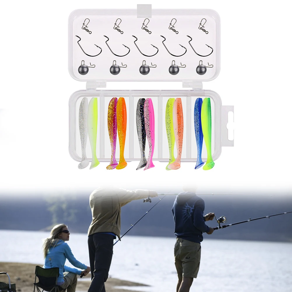 

25pcs/set Soft Lure Kit With Fishing Tackle Box PVC Soft T Tail Fishing Lure 7cm 2g Jig Head Hook 8# Swivel Pins 2# Fishhook