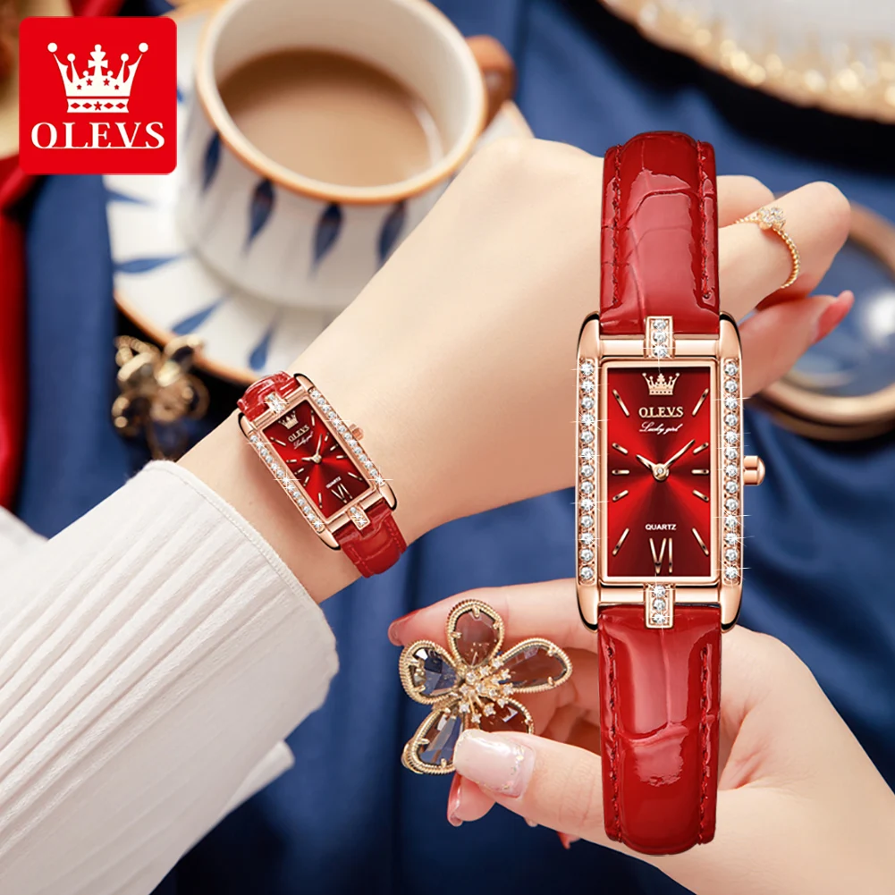 OLEVS Red Watches for Woman Luxury Brand Diamond Leather Strap Quartz Wristwatch Fashion Ladies Watch Gift for Valentine