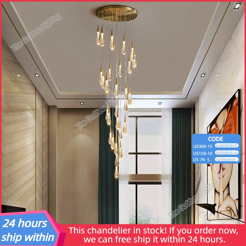 

Large Raindrop Glass Stair Chandelier Long Pendant Lights Luxury Decor High Ceiling Living Kitchen Bedroom Decoration Led Lamp