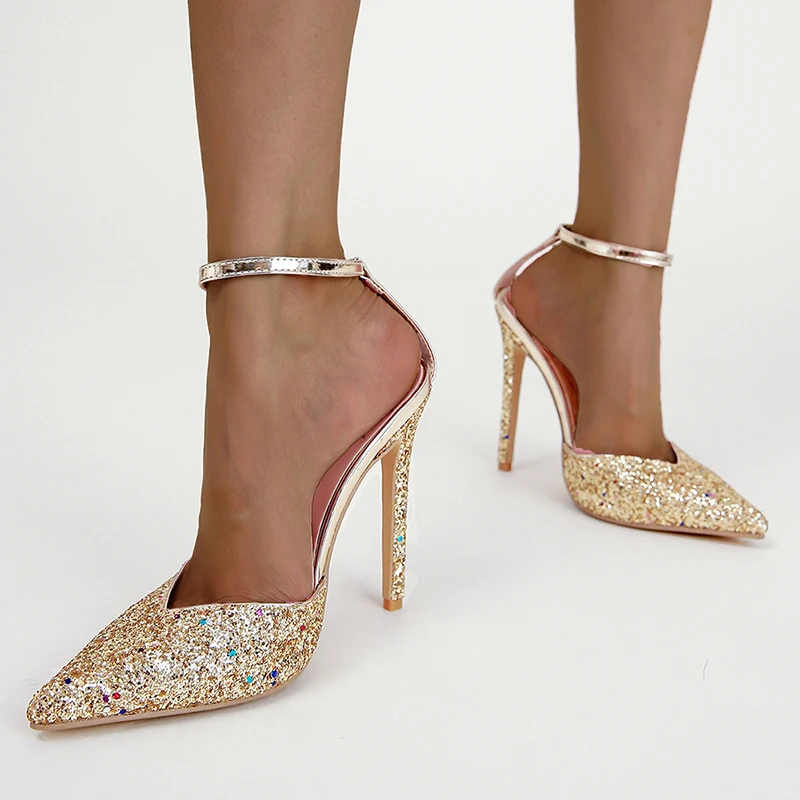 

Ladies Pumps 11cm Designer Heels Sexy Pointed Toe Sequins Wedding Shoes For Women Bride Silver High Heels Sapato Feminino