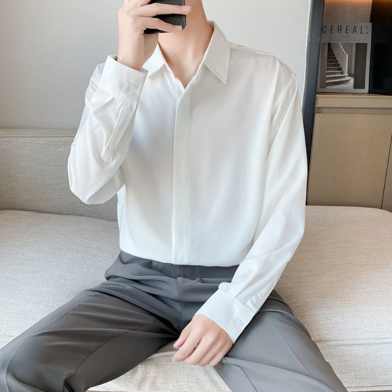 4 Colors Formal Shirts Men Slim Fashion Social Mens Dress Shirts British Style Long Sleeve Shirts Mens Ice Silk Shirts M-2XL