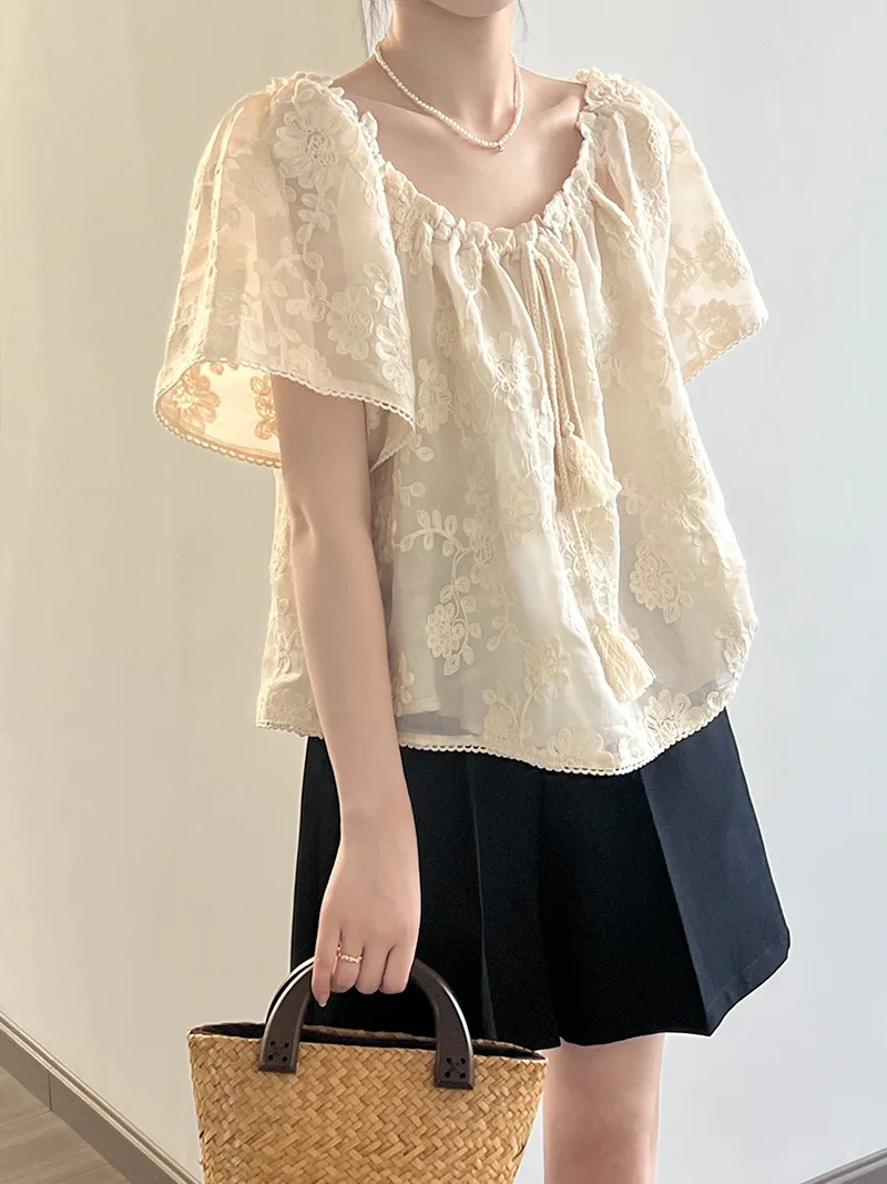 

French Style Loose Lace Doll Shirt Women's Summer Drawstring Lace-up Slash Neck Short Sleeve Shirt Blouse Top