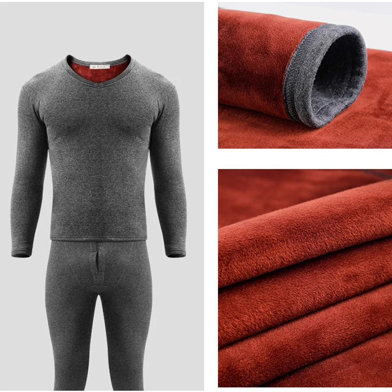 Golden Velvet Men Thermal Underwear Set Heated Long Johns Winter Inner Wear Thermo Shirts Pants Underpants Bodysuit Suit Gray