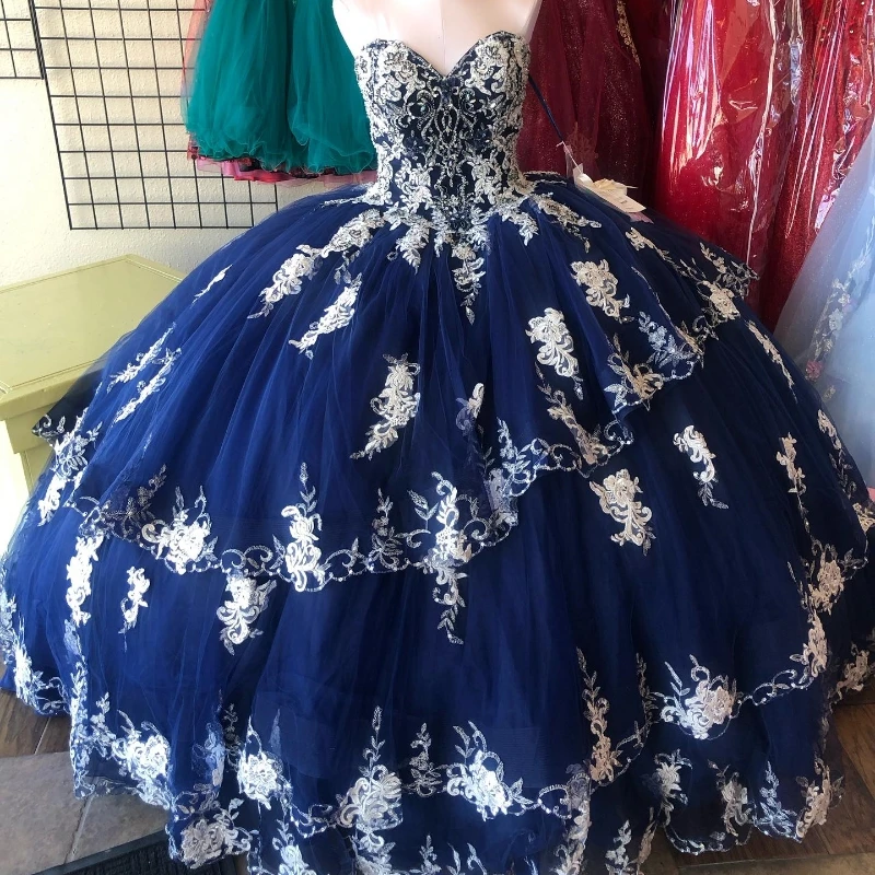 

Navy Blue Quinceanera Dress 2023 Sweetheart Beaded Appliques Lace Ball Gown Sweet 15 16 Years Birthday Party Bridal Gown