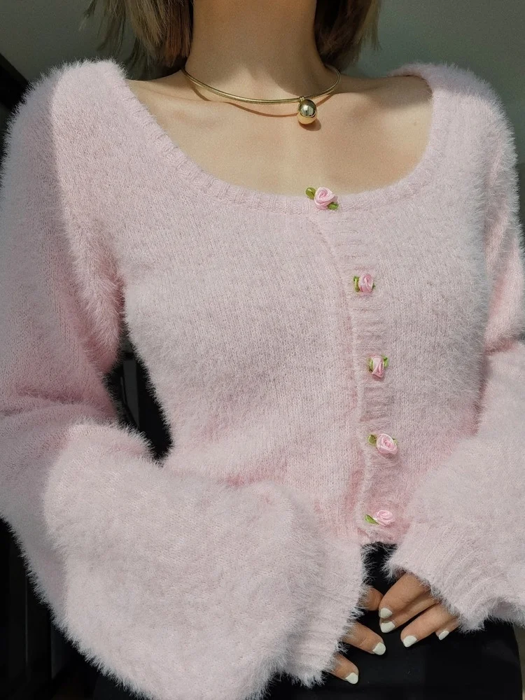 

Pink High Waist Short Slim Fit Women's French Autumn And Winter Plush Square Neck Long Sleeve Knit Sweater Retro Y376