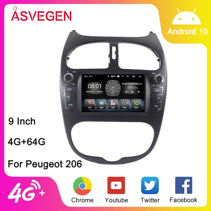 Android 10 автомобильный мультимедийный плеер для Peugeot 206 Ram 64G GPS-навигация BT с