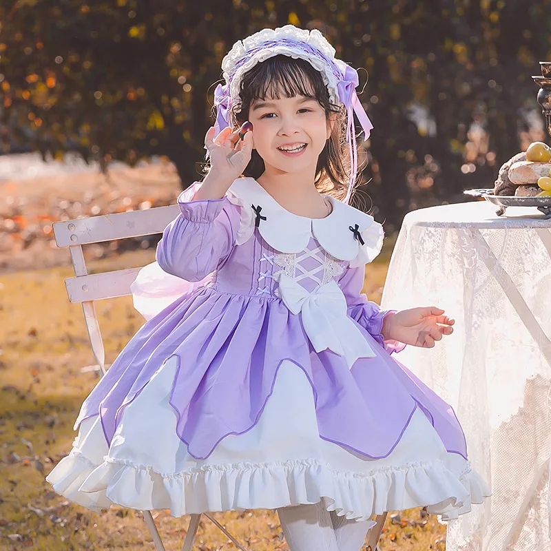 2022 Spring Autumn Lolita Dresses For Girls Toddler Long Sleeve Loose Hem Ball Gowns With Bow Custom Baby Name Birthday Gift