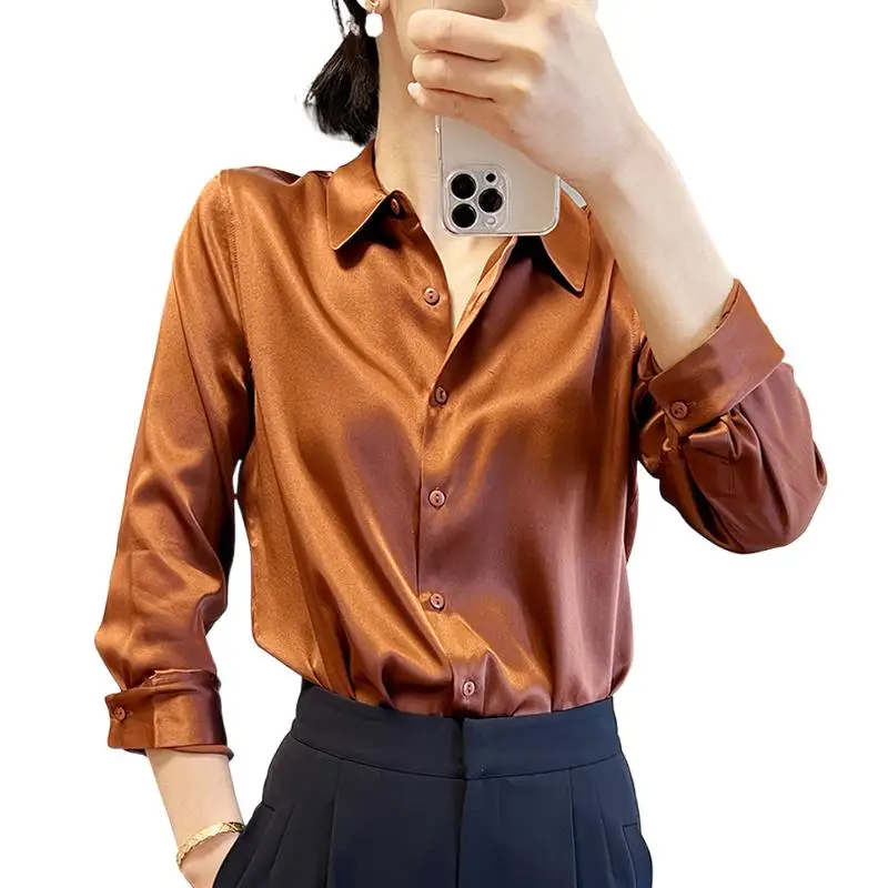 

Autumn Fashion Button Up Satin Silk Shirt Vintage Blouse Women White Lady Long Sleeves plus size Street camisas feminina