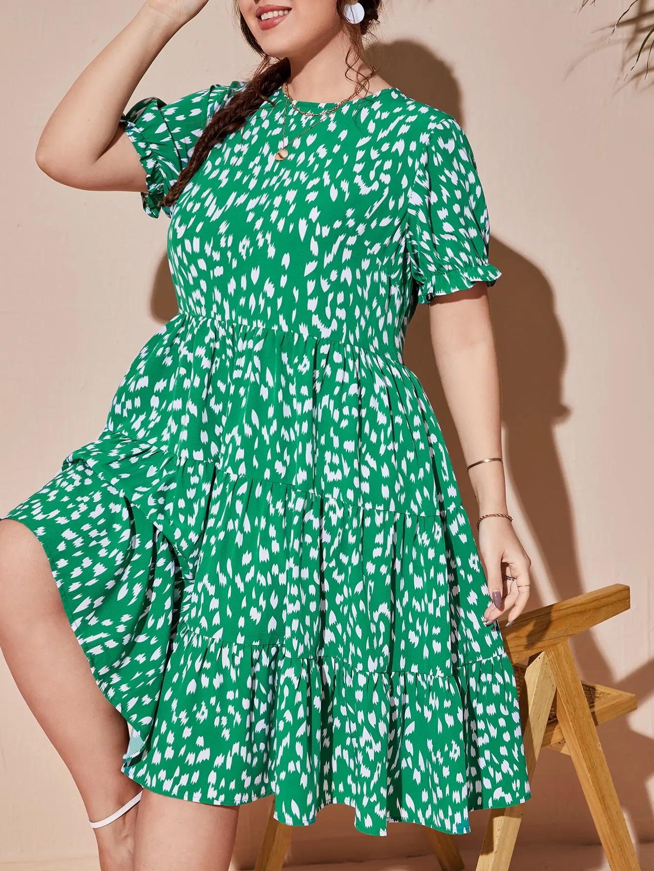 High Quality Plus Size Confetti Print Ruffle Hem Dress Ruffles Knee-length Dresses for Women 2022 Casual Ladies Sweet