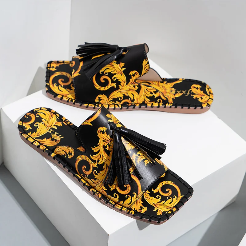 

Women Home Summer Slippers Woman Retro Mules Tassel Totem Square Toe Slides Ladies Casual Flats Female Comfortable Plus Size