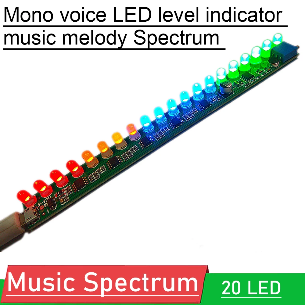 

DC 5V-12V Mono voice LED level indicator music melody light audio vu meter Adjustable sensitivity 20LED for USB POWER Amplifier