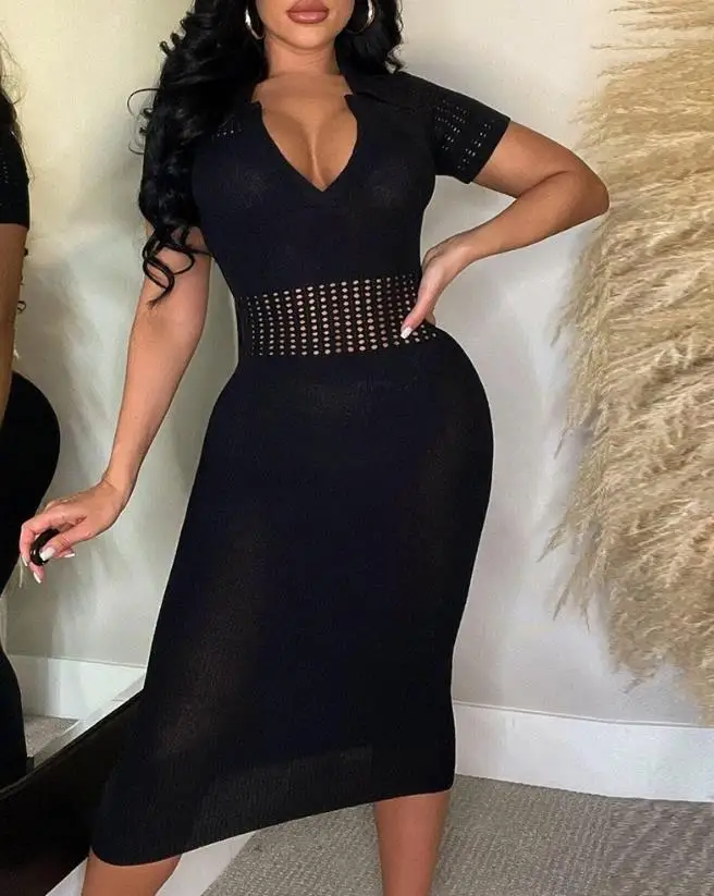 

Новинка лета 2023, повседневное женское платье, модное элегантное однотонное привлекательное облегающее платье миди с отложным воротником и вырезами, OTTD