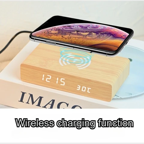 Цифровой будильник в тонах дерева со светодиодным дисплеем, беспроводная зарядка, время, температура, дата для спальни, квартиры, украшения дома