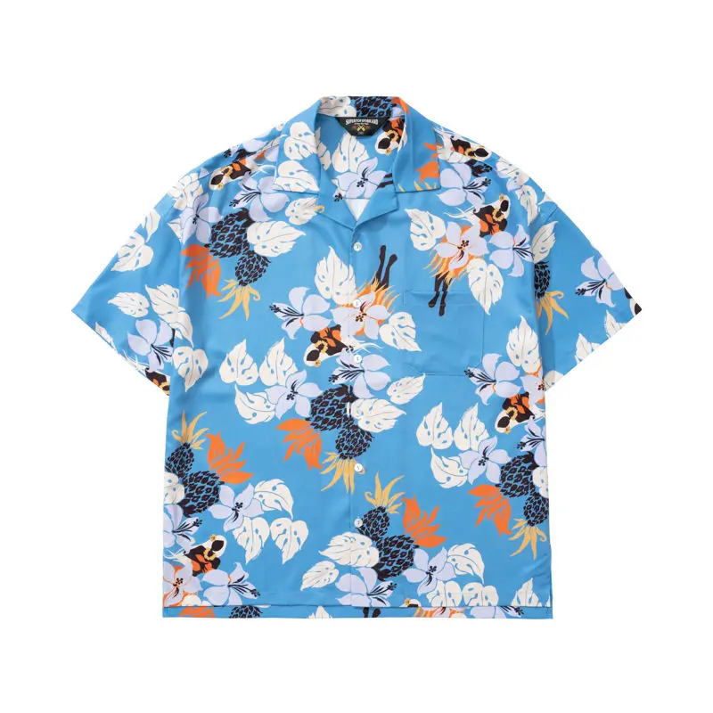 

Гавайская рубашка с принтом ананасов и цветов, Мужская одежда, рубашки с коротким рукавом, повседневная женская рубашка на пуговицах, корей...