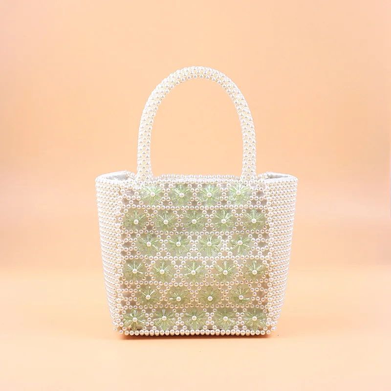 New pearl color transparent flower-shaped heavy industry large-capacity handbag hand-beaded highlight women |