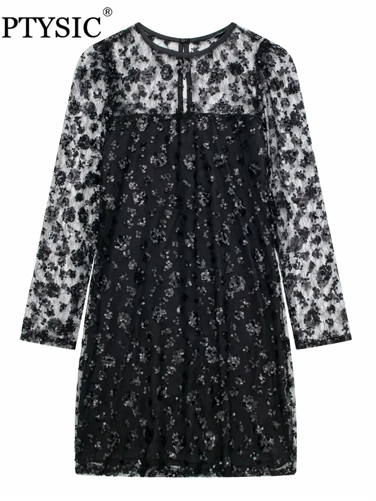 

Модное женское черное короткое платье с блестками PTYSIC, короткие платья из полупрозрачной ткани с длинными рукавами и круглым вырезом