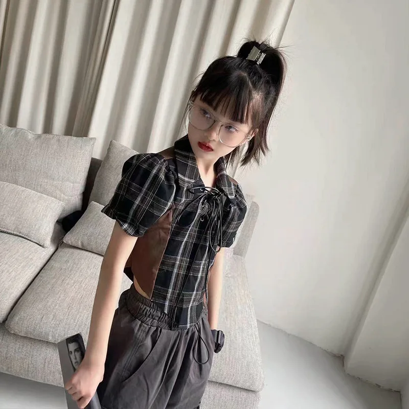 

Girls T-shirt 2022 summer new Hong Kong style contrast color top irregular cardigan slim thin section