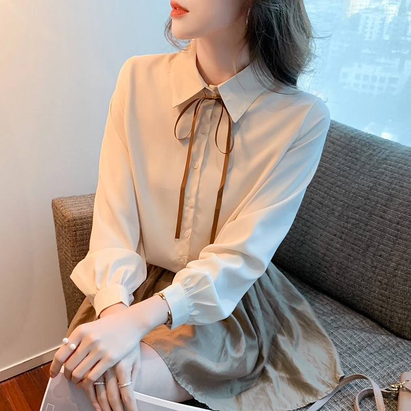 

Женская шифоновая блузка с отложным воротником, базовая Свободная рубашка в винтажном стиле, элегантная офисная одежда, весна-осень 980