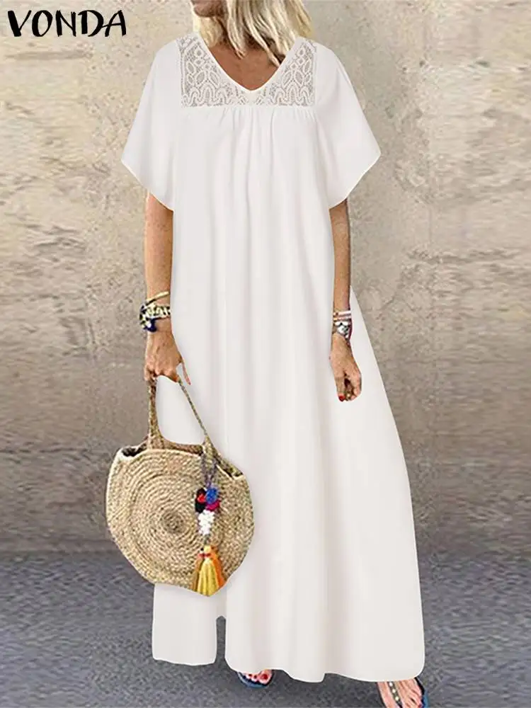 

VONDA 2022 женское богемное длинное платье с коротким рукавом и V-образным вырезом летнее Ретро Кружевное лоскутное праздничное платье Модный п...