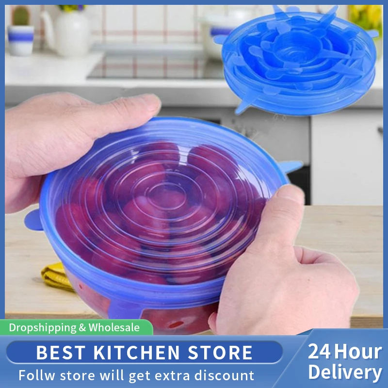 

6PCS Silicone Stretch Lids Universal Silicone Food Wrap Bowl Pot Lid Silicone Cover Pan Seal Bowl Cooking Kitchen Accessories