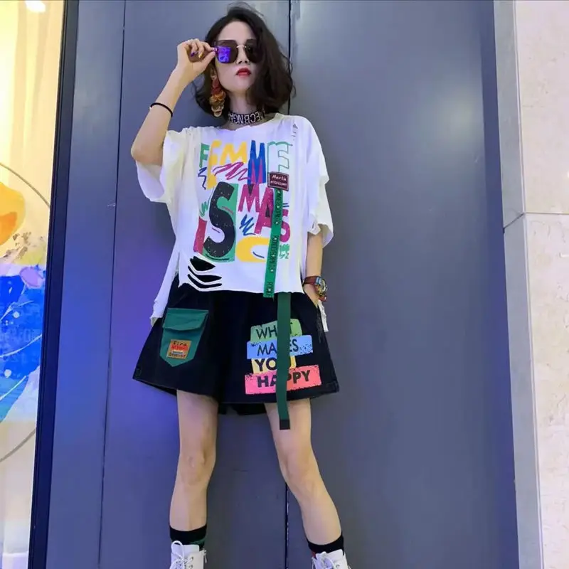 2023 Summer New Creative Printed Alphabet Ripped Personality Top Fashion Short Sleeve Shorts Casual Trend Hip Hop Two-Piece Suit