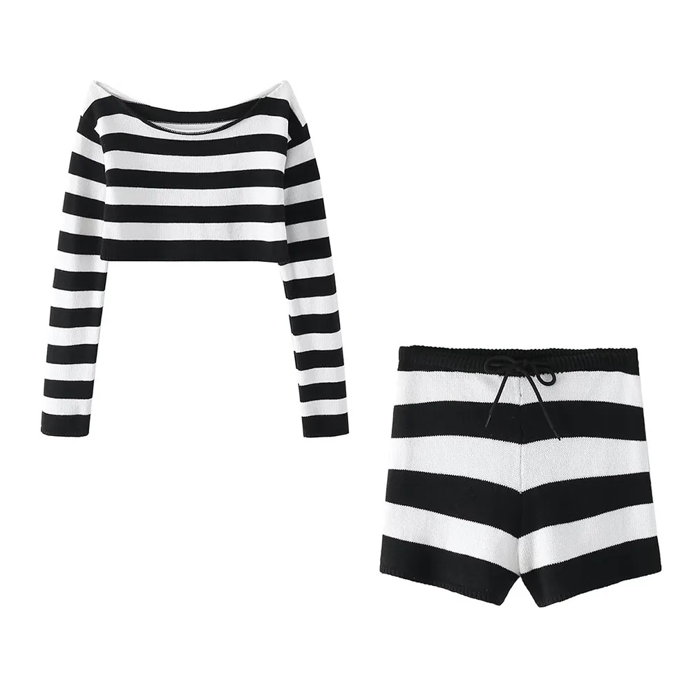 

Женская Повседневная трикотажная куртка в полоску с круглым вырезом и длинным рукавом + Прямые шорты с высокой талией на шнуровке, новинка н...