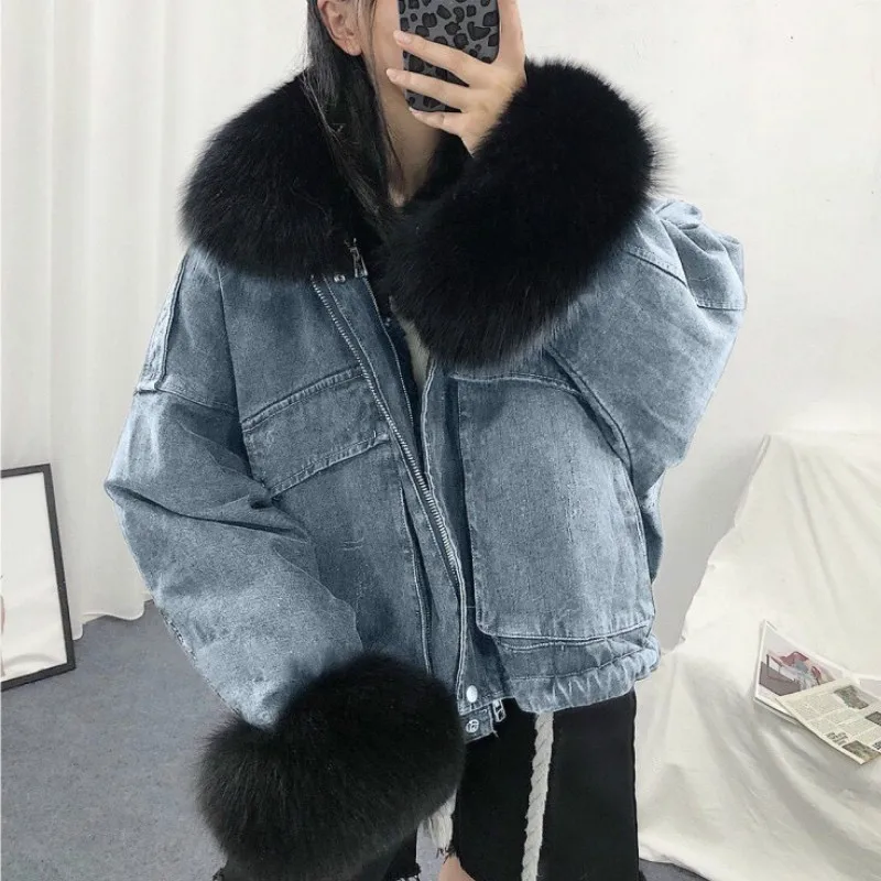 

Female Jacket Cotton Thick Warm Denim Coats Vintage Black Jacket for Women Blue Oversized Fur Collar Plus Velvet Padded Casual