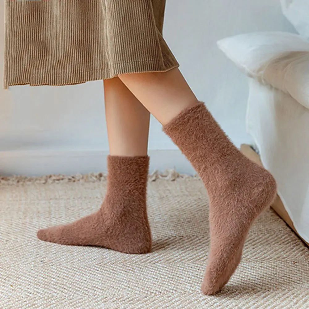 

Solid Color Soft Fluffy Bed Socks Female Mid-tube Autumn and Winter Coral Fleece Plus Velvet Thickening Winter Warmth Long Tube