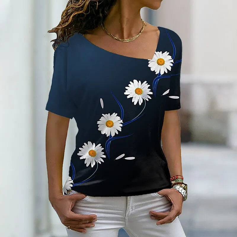 

Женская летняя футболка с V-образным вырезом и абстрактным геометрическим принтом