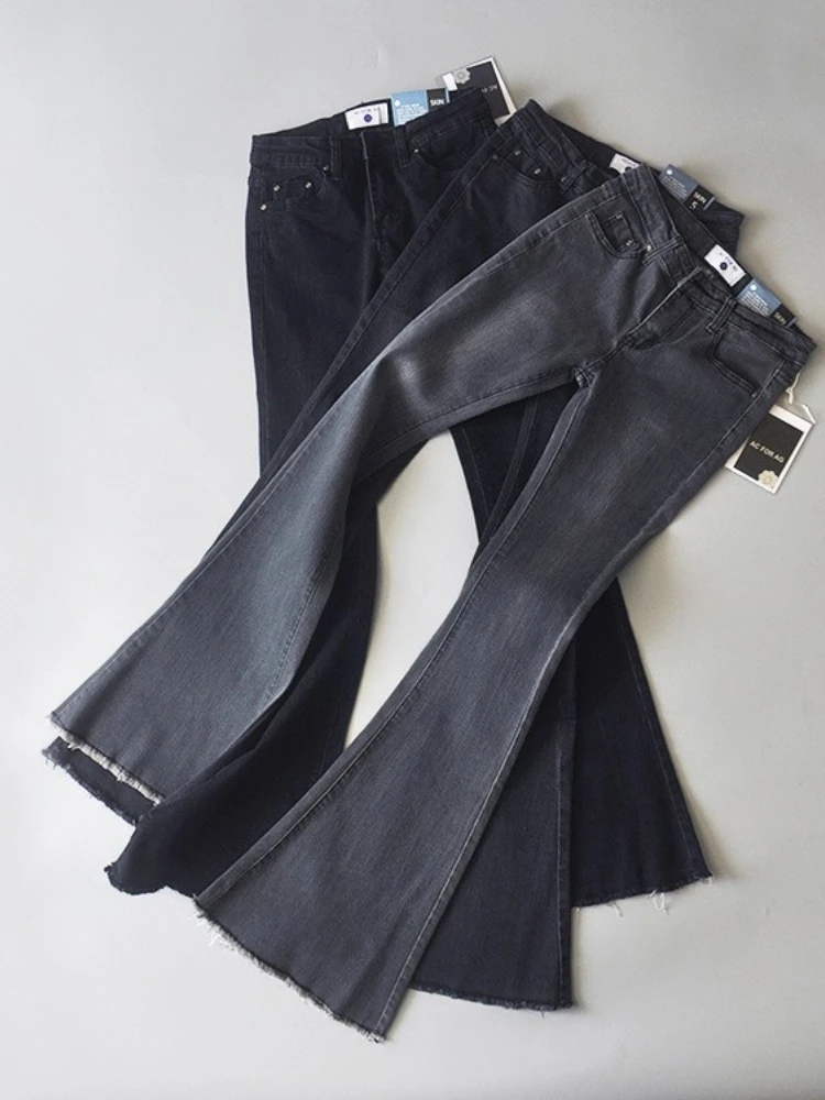 SVOKOR Ruffled Flared Trousers Women's Stretch Denim Vintage Low Waist Slim Denim Butt Lift Tights Fashion Streetwear