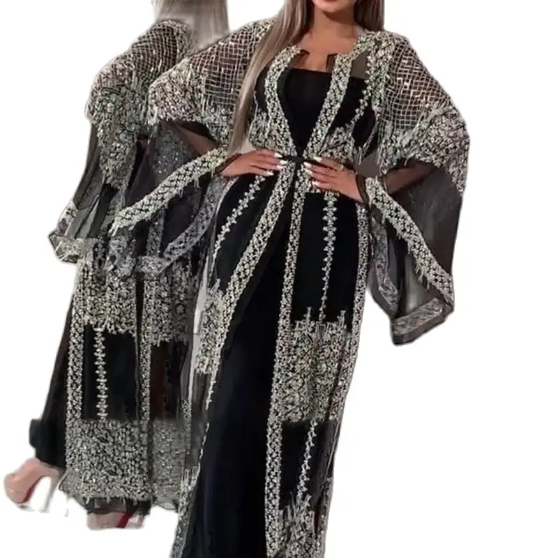Luxury Muslim Mesh Abaya Dress Cardigan Sequins Kimono Long Robe Gowns Jubah Vestidos Sexy Party Middle East Eid Ramadan Islamic