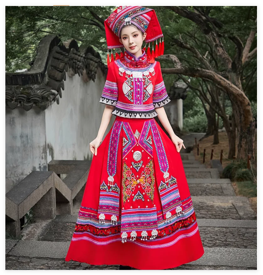 Huaxia Guangxi Zhuang ethnic clothing women's embroidery long skirt of minorities