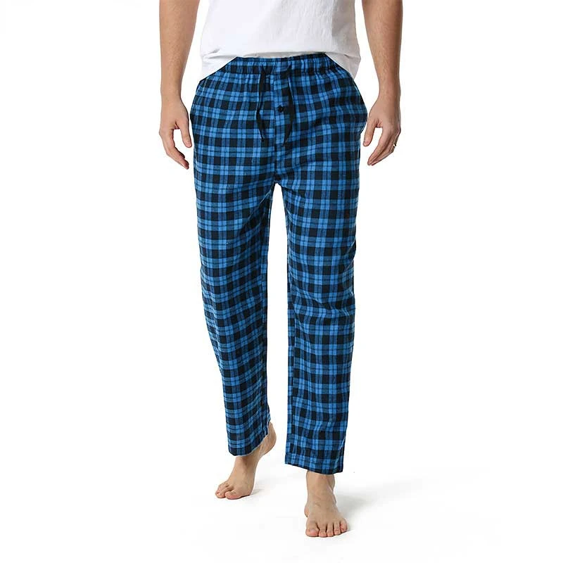 

Blue Plaid Mens Pajama Bottom Pants Sleepwear Lounging Relaxed House PJs Pants Men Casual Drawstring Button Fly Pyjama Homme