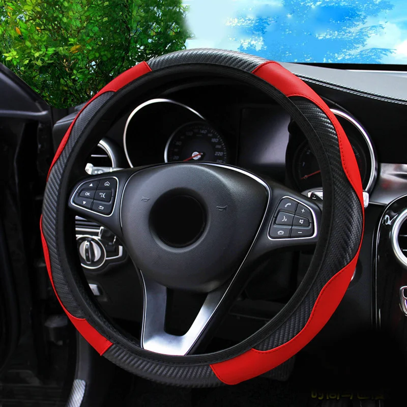 

1x 38CM Black & Red Car Steering Wheel Cover Round And D Shape Fashion Carbon Fiber Leather Elastic No Inner Ring Car Interior